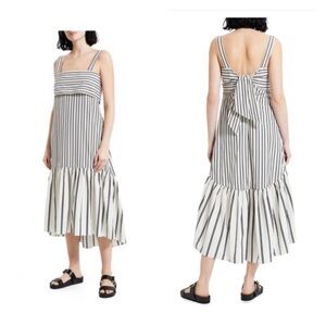 THEORY Ventura Stripe Tie Back Open Back Cotton Midi Dress Large Gray White NWT